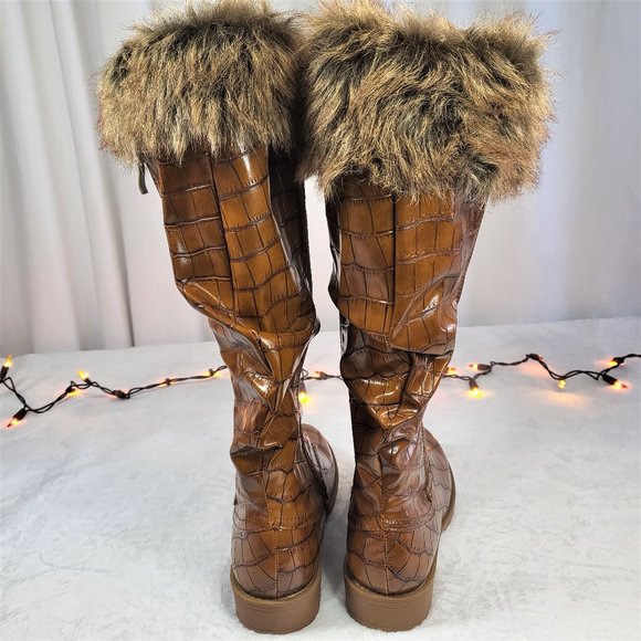 Furry Tan Croc Faux Fur Fold Over Cuff Winter Mid Calf Boots - Picture 8 of 8
